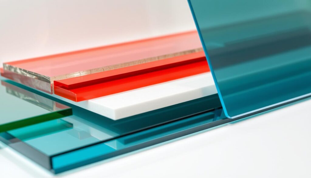 A well-lit, high-resolution close-up photograph of a selection of kitchen splashback materials, including glass, acrylic, aluminum composite, rigid foam, and film. The materials are arranged in a neatly organized display, showcasing their unique textures, colors, and finishes. The lighting emphasizes the depth, clarity, and reflective properties of each material, creating a visually striking and informative composition. The image conveys a sense of quality, durability, and versatility, reflecting the high-end solutions offered by Glastürhop24 for kitchen splashbacks. A well-lit, high-resolution close-up photograph of a selection of kitchen splashback materials, including glass, acrylic, aluminum composite, rigid foam, and film. The materials are arranged in a neatly organized display, showcasing their unique textures, colors, and finishes. The lighting emphasizes the depth, clarity, and reflective properties of each material, creating a visually striking and informative composition. The image conveys a sense of quality, durability, and versatility, reflecting the high-end solutions offered by Glastürhop24 for kitchen splashbacks.