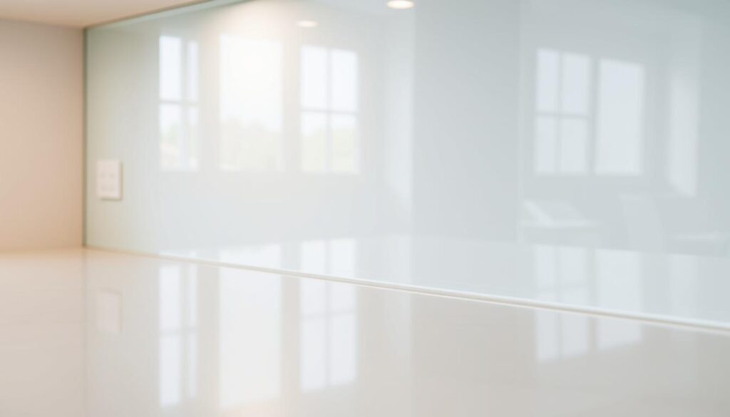 A well-lit, high-resolution close-up view of a spotless, gleaming kitchen backsplash made of tempered glass. The surface reflects the room's lighting beautifully, appearing almost mirror-like. Subtle patterns or designs are visible, but the overall impression is one of clean, pristine simplicity. The backsplash is free of any visible dirt, grime, or blemishes, showcasing its easy-to-maintain nature. The image captures the essence of a kitchen backsplash that has been properly cared for and preserved in excellent condition, in line with the section title "Pflege und Reinigung: So bleibt Ihre Rückwand wie neu".