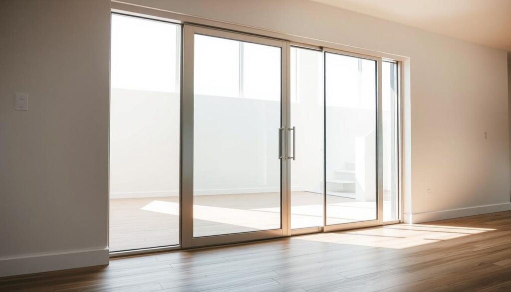 A well-lit, high-resolution image of a modern glass sliding door system, showcasing the customization options. The frame is made of sleek, brushed aluminum, with a clean, minimalist design. The glass panels are large, clear, and seamlessly integrated, allowing ample natural light to flow through. The door is positioned in a bright, airy room, with a wooden floor and neutral-toned walls, creating a harmonious, high-end interior setting. The camera angle captures the door at a slight angle, highlighting the depth and dimensionality of the system. The overall composition conveys a sense of elegance, functionality, and the ability to tailor the door to specific measurements and preferences. A well-lit, high-resolution image of a modern glass sliding door system, showcasing the customization options. The frame is made of sleek, brushed aluminum, with a clean, minimalist design. The glass panels are large, clear, and seamlessly integrated, allowing ample natural light to flow through. The door is positioned in a bright, airy room, with a wooden floor and neutral-toned walls, creating a harmonious, high-end interior setting. The camera angle captures the door at a slight angle, highlighting the depth and dimensionality of the system. The overall composition conveys a sense of elegance, functionality, and the ability to tailor the door to specific measurements and preferences.