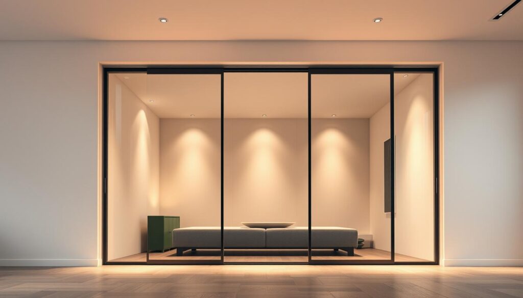 A well-lit, high-resolution image of a sliding glass door wall system in a modern, minimalist interior. The sleek, frameless glass panels glide smoothly along an unobtrusive track system, seamlessly integrating with the surrounding neutral-toned walls and clean architectural details. The lighting is soft and diffused, casting a warm, inviting glow and highlighting the materiality of the glass and any subtle reflections. The camera angle is slightly elevated to showcase the elegant, linear design and the effortless integration of the sliding door into the overall space. The mood is one of refined simplicity, reflecting the innovation and sophistication of the sliding door technology. A well-lit, high-resolution image of a sliding glass door wall system in a modern, minimalist interior. The sleek, frameless glass panels glide smoothly along an unobtrusive track system, seamlessly integrating with the surrounding neutral-toned walls and clean architectural details. The lighting is soft and diffused, casting a warm, inviting glow and highlighting the materiality of the glass and any subtle reflections. The camera angle is slightly elevated to showcase the elegant, linear design and the effortless integration of the sliding door into the overall space. The mood is one of refined simplicity, reflecting the innovation and sophistication of the sliding door technology.