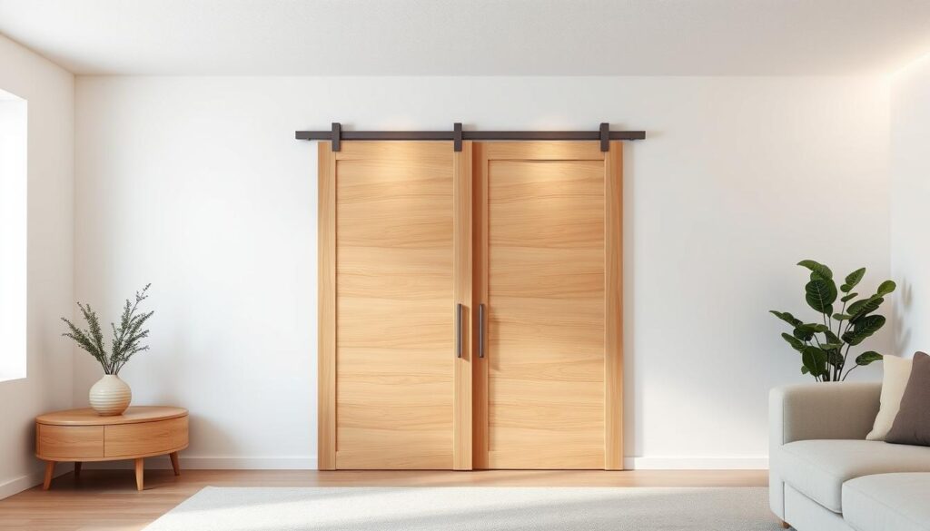 A well-lit, high-resolution image of a wooden sliding door (montage schiebetür) installed in a modern, minimalist living room setting. The door is made of smooth, light-colored wood panels that glide effortlessly along a sleek, minimalist track system mounted flush with the wall. The door is positioned in the middle ground, framed by clean white walls and a subtly textured drywall (trockenbauwand) ceiling. Soft, diffused lighting from overhead fixtures casts a warm, inviting glow on the wood grain and creates gentle shadows that accentuate the door's elegant simplicity. The overall atmosphere is one of refined sophistication and thoughtful design. A well-lit, high-resolution image of a wooden sliding door (montage schiebetür) installed in a modern, minimalist living room setting. The door is made of smooth, light-colored wood panels that glide effortlessly along a sleek, minimalist track system mounted flush with the wall. The door is positioned in the middle ground, framed by clean white walls and a subtly textured drywall (trockenbauwand) ceiling. Soft, diffused lighting from overhead fixtures casts a warm, inviting glow on the wood grain and creates gentle shadows that accentuate the door's elegant simplicity. The overall atmosphere is one of refined sophistication and thoughtful design.