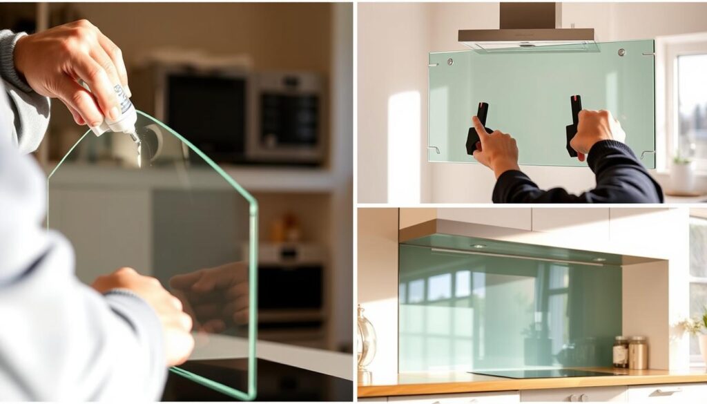 A well-lit, high-resolution montage showcasing various kitchen glass splashback installation methods. The foreground features a person carefully applying adhesive to a glass panel, with their hands and tools in focus. The middle ground depicts a person securing a glass splashback in place using clamps, the glass panel reflecting the kitchen surroundings. In the background, a fully installed glass splashback is visible, seamlessly integrated into the kitchen design. The scene conveys a sense of precision, care, and the straightforward nature of the installation process. Warm, natural lighting illuminates the entire composition, emphasizing the elegance and practicality of the glass splashback solution.