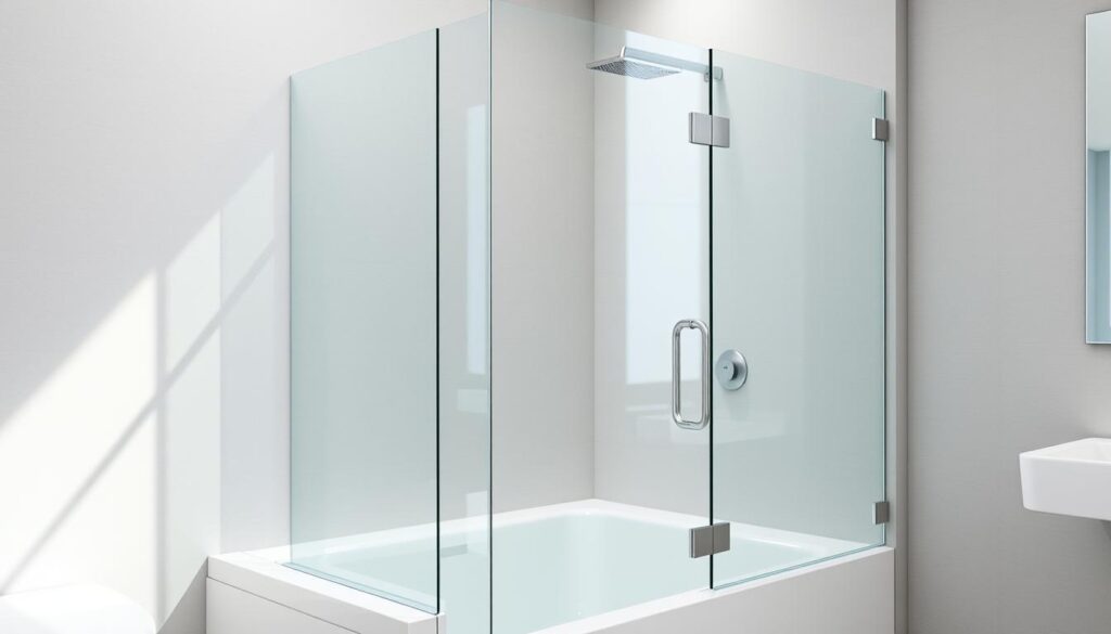 A well-lit, high-resolution photograph of a custom-fitted glass shower enclosure installed in the corner of a modern, minimalist bathroom. The glass panel seamlessly integrates with the bathtub, creating a sleek and sophisticated design that maximizes the available space. The image showcases the clean lines, flawless transparency, and precise craftsmanship of the glass enclosure, highlighting its ability to transform the corner of the bathroom into a luxurious and functional wet area. The lighting accentuates the crystalline quality of the glass, while the neutral color palette and geometric shapes contribute to an overall sense of elegance and refinement.
