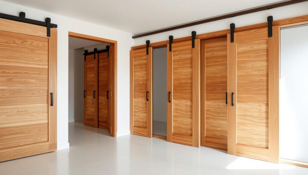 A well-lit, high-resolution photograph of a series of wooden sliding doors, showcasing their intricate construction and natural wood grain textures. The doors are arranged in a clean, minimalist setting, with a focus on the sliding mechanism and smooth, effortless movement. The scene captures the versatility and functional elegance of these customizable wooden sliding solutions, highlighting their potential to seamlessly integrate into a variety of interior design styles. Careful attention is paid to the craftsmanship and attention to detail, conveying a sense of quality and attention to the user experience. A well-lit, high-resolution photograph of a series of wooden sliding doors, showcasing their intricate construction and natural wood grain textures. The doors are arranged in a clean, minimalist setting, with a focus on the sliding mechanism and smooth, effortless movement. The scene captures the versatility and functional elegance of these customizable wooden sliding solutions, highlighting their potential to seamlessly integrate into a variety of interior design styles. Careful attention is paid to the craftsmanship and attention to detail, conveying a sense of quality and attention to the user experience.