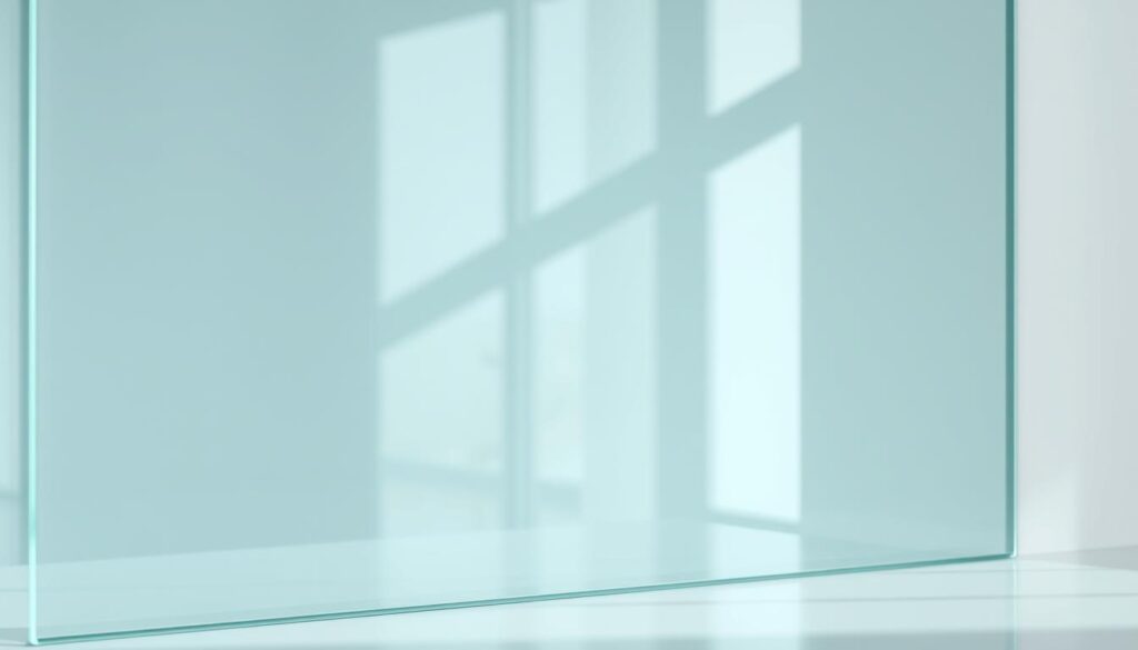 A well-lit, high-resolution photograph of a single sheet of tempered safety glass (ESG-Sicherheitsglas) with a smooth, glossy surface and refined, elegant edges. The glass appears thick and durable, casting faint reflections that capture the surrounding environment. The image showcases the premium quality and German craftsmanship of this specialized glass material, suitable for use as a kitchen splashback or protective panel. The lighting is natural and diffused, creating a clean, modern, and inviting atmosphere that highlights the transparency, strength, and versatility of the ESG-Sicherheitsglas.