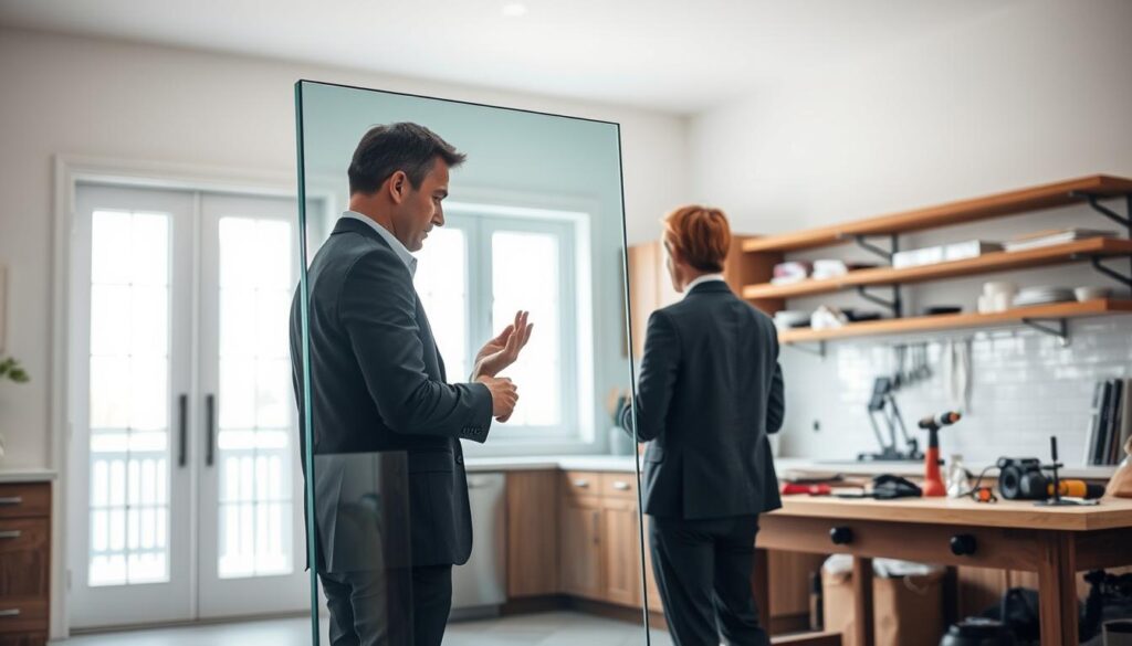 A well-lit home interior with a sleek, modern kitchen. In the foreground, a person in a professional business attire standing in front of a large pane of safety glass, meticulously examining it and discussing the specifications with a customer. The middle ground showcases a partially assembled glass panel, the edges neatly finished, ready for installation. In the background, a workbench displays various tools and equipment used for custom glass configuration and mounting. The scene conveys a sense of expertise, attention to detail, and a collaborative approach to finding the perfect glass solution for the kitchen. A well-lit home interior with a sleek, modern kitchen. In the foreground, a person in a professional business attire standing in front of a large pane of safety glass, meticulously examining it and discussing the specifications with a customer. The middle ground showcases a partially assembled glass panel, the edges neatly finished, ready for installation. In the background, a workbench displays various tools and equipment used for custom glass configuration and mounting. The scene conveys a sense of expertise, attention to detail, and a collaborative approach to finding the perfect glass solution for the kitchen.