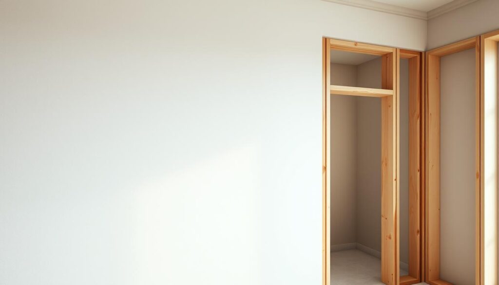 A well-lit interior scene showcasing a modern drywall installation. In the foreground, a seamless, textured white drywall panel spans the wall, with clean, flush edges. The middle ground features the frame and trim work, meticulously constructed from light wood for a premium finish. In the background, a warm, neutral color palette sets the mood, with subtle shadows and highlights accentuating the architectural details. The composition emphasizes the sleek, minimalist aesthetic of the drywall system, capturing its installation process in a professional, high-quality manner.