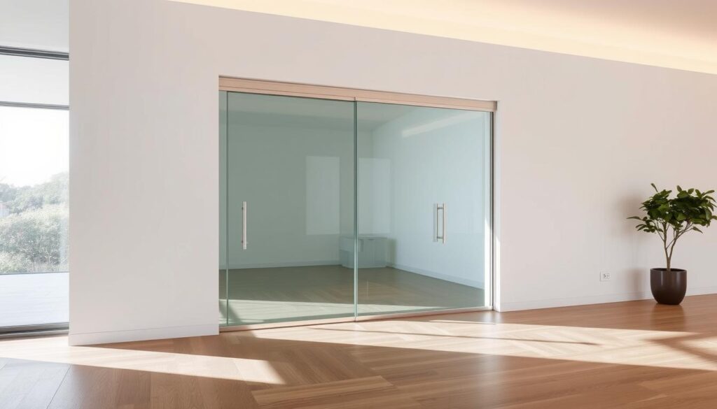 A well-lit interior space with a sliding glass door system installed in a sleek, minimalist wall. The door panels glide smoothly along a concealed track, seamlessly integrating into the surrounding architecture. The glass panels reflect the ambient lighting, creating a sense of depth and transparency. The floor is made of hardwood, complementing the clean, modern aesthetic. Soft shadows and highlights accentuate the materiality and craftsmanship of the sliding door system, showcasing its functional elegance. The overall scene conveys a sense of contemporary design, emphasizing the innovative and space-saving nature of the "schiebetür" solution. A well-lit interior space with a sliding glass door system installed in a sleek, minimalist wall. The door panels glide smoothly along a concealed track, seamlessly integrating into the surrounding architecture. The glass panels reflect the ambient lighting, creating a sense of depth and transparency. The floor is made of hardwood, complementing the clean, modern aesthetic. Soft shadows and highlights accentuate the materiality and craftsmanship of the sliding door system, showcasing its functional elegance. The overall scene conveys a sense of contemporary design, emphasizing the innovative and space-saving nature of the "schiebetür" solution.