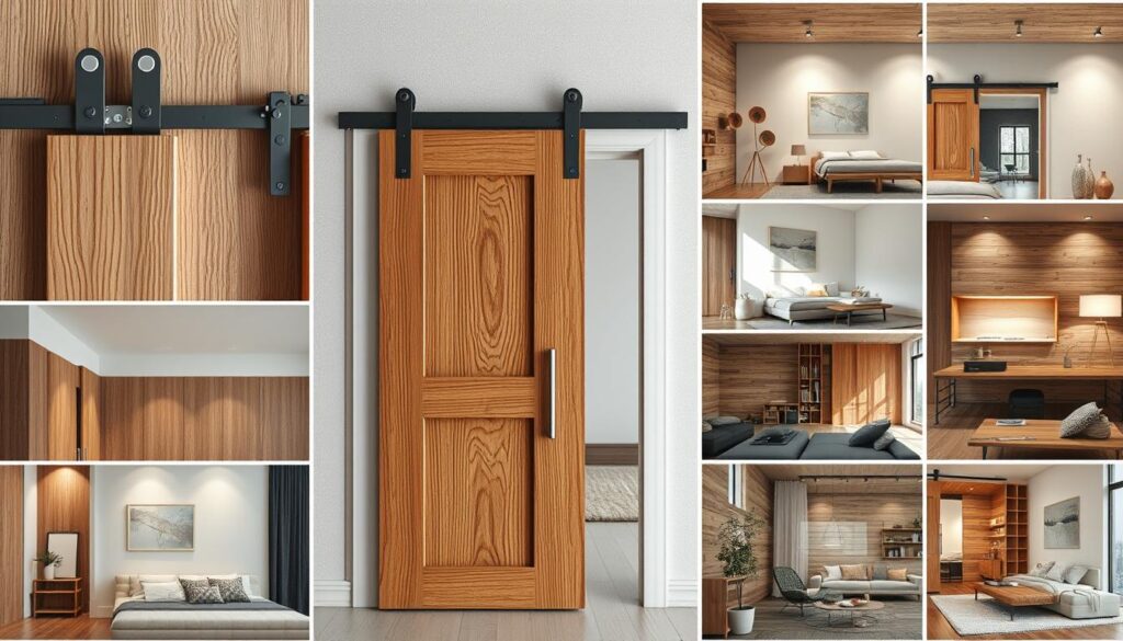 A well-lit, intricately detailed montage showcasing the installation and assembly of a wooden sliding door in various wall settings. The foreground features the sliding mechanism and hardware components, meticulously rendered with a tactile, high-resolution finish. The middle ground displays the door itself, crafted from rich, textured wood grains, seamlessly integrated into the surrounding wall structures. The background subtly depicts diverse interior spaces, from modern, minimalist rooms to rustic, cozy environments, highlighting the versatility and adaptability of the sliding door design. Crisp, evenly distributed lighting accentuates the craftsmanship and design elements, creating a sense of depth, balance, and visual harmony throughout the composition. A well-lit, intricately detailed montage showcasing the installation and assembly of a wooden sliding door in various wall settings. The foreground features the sliding mechanism and hardware components, meticulously rendered with a tactile, high-resolution finish. The middle ground displays the door itself, crafted from rich, textured wood grains, seamlessly integrated into the surrounding wall structures. The background subtly depicts diverse interior spaces, from modern, minimalist rooms to rustic, cozy environments, highlighting the versatility and adaptability of the sliding door design. Crisp, evenly distributed lighting accentuates the craftsmanship and design elements, creating a sense of depth, balance, and visual harmony throughout the composition.