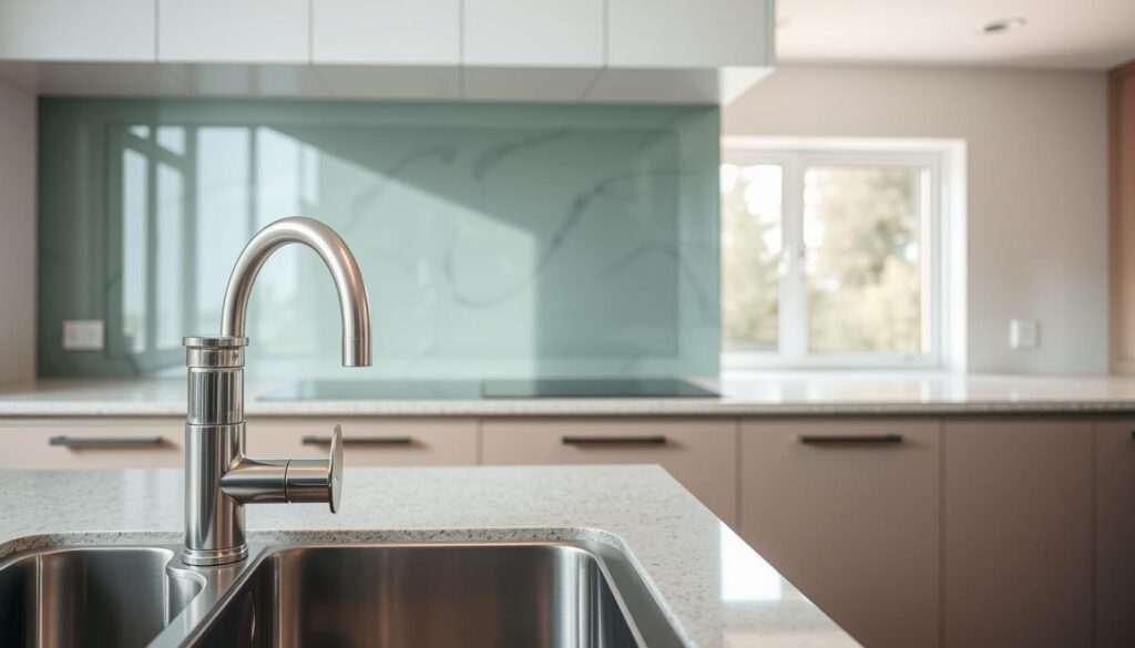 A well-lit kitchen interior with a focus on the backsplash wall. In the foreground, a modern stainless steel sink and faucet with clean lines. Behind it, a sleek glass backsplash panel with a stylized abstract pattern, reflecting the natural light and creating a sense of depth. In the middle ground, a granite or quartz countertop in a neutral tone, complementing the backsplash. In the background, minimal upper cabinets and a large window, allowing natural light to flood the space. The overall atmosphere is one of simplicity, functionality, and contemporary design.