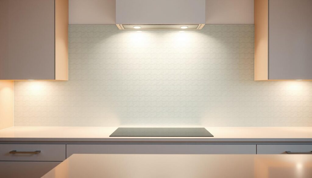 A well-lit kitchen with a sleek, modern glass backsplash taking center stage. The backsplash features a clean, minimalist design with a subtle textured pattern that catches the light, creating a mesmerizing visual effect. The kitchen countertop is made of a smooth, polished material, seamlessly blending with the glass backsplash. Soft, warm lighting casts a cozy glow, highlighting the overall elegance and simplicity of the space. The camera angle is positioned to showcase the ease of installation, with the backsplash appearing effortlessly mounted on the wall, emphasizing the "easy to install" aspect of the design. A well-lit kitchen with a sleek, modern glass backsplash taking center stage. The backsplash features a clean, minimalist design with a subtle textured pattern that catches the light, creating a mesmerizing visual effect. The kitchen countertop is made of a smooth, polished material, seamlessly blending with the glass backsplash. Soft, warm lighting casts a cozy glow, highlighting the overall elegance and simplicity of the space. The camera angle is positioned to showcase the ease of installation, with the backsplash appearing effortlessly mounted on the wall, emphasizing the "easy to install" aspect of the design.