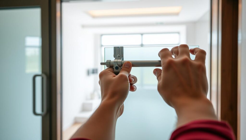 A well-lit, meticulously detailed image showcasing the step-by-step process of installing a custom-made milky glass sliding door. The camera focuses on the foreground, capturing the intricate mechanics of the sliding mechanism, the precision of the installation hardware, and the careful alignment of the door panel within the frame. The middle ground reveals the surrounding interior, a modern, minimalist space with clean lines and neutral tones that complement the translucent glass. The background softly fades, emphasizing the craftsmanship and attention to detail in the door's assembly. The overall atmosphere conveys a sense of seamless functionality and elegant simplicity, reflecting the ease and expertise of the installation process.