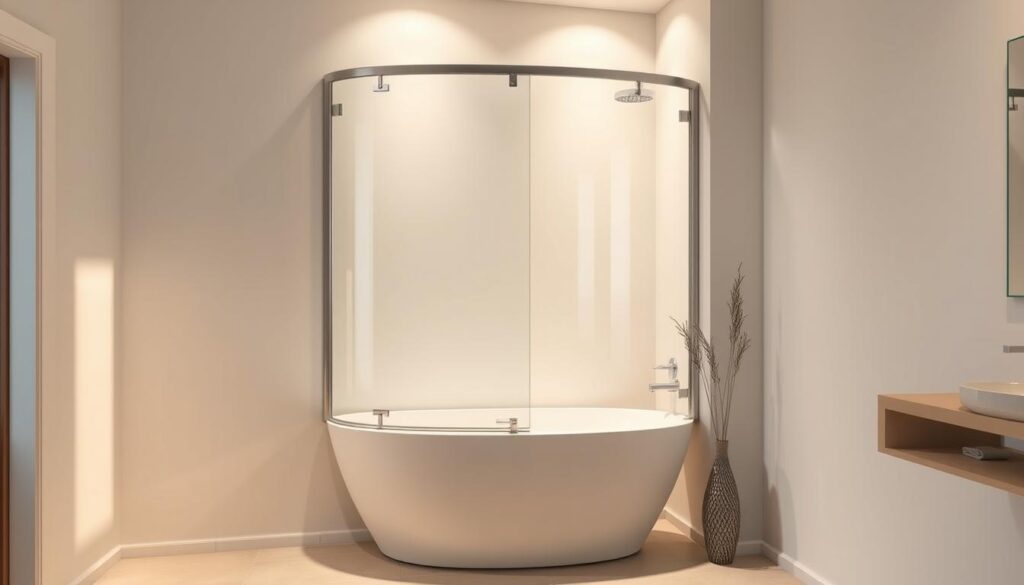 A well-lit, modern bathroom interior with a sleek, frameless glass shower enclosure installed over a freestanding bathtub. The shower wall is made of tempered glass panels with a minimalist, brushed metal frame, seamlessly integrated into the corner of the room. Soft, warm lighting illuminates the scene, creating a serene and spa-like atmosphere. The tiled floor and walls have a clean, neutral color palette, allowing the glass shower feature to take center stage. The overall composition showcases the versatility and space-saving benefits of a corner-mounted, folding shower enclosure.