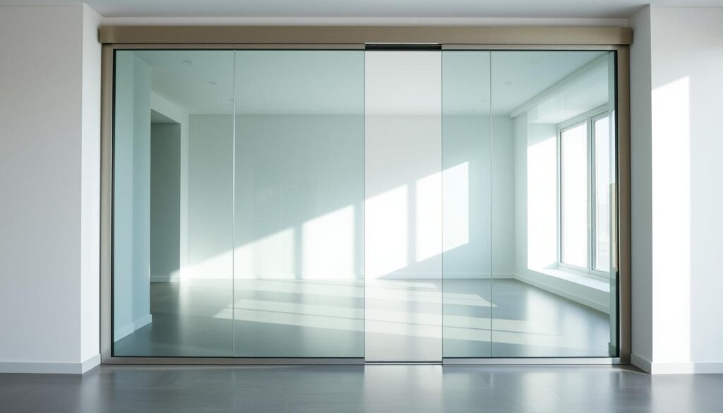 A well-lit, modern glass sliding door in a sleek, minimalist interior. The glass panels reflect the surrounding space, creating a sense of depth and openness. The frame is made of high-quality, brushed metal, seamlessly integrated into the wall. The door glides effortlessly on a smooth, hidden track system, inviting exploration of the connected rooms. Soft, natural lighting filters through the transparent glass, illuminating the space and highlighting the material's clarity and durability. The overall composition emphasizes the elegant simplicity and functionality of this premium glass sliding door solution from Glastuerhop24. A well-lit, modern glass sliding door in a sleek, minimalist interior. The glass panels reflect the surrounding space, creating a sense of depth and openness. The frame is made of high-quality, brushed metal, seamlessly integrated into the wall. The door glides effortlessly on a smooth, hidden track system, inviting exploration of the connected rooms. Soft, natural lighting filters through the transparent glass, illuminating the space and highlighting the material's clarity and durability. The overall composition emphasizes the elegant simplicity and functionality of this premium glass sliding door solution from Glastuerhop24.