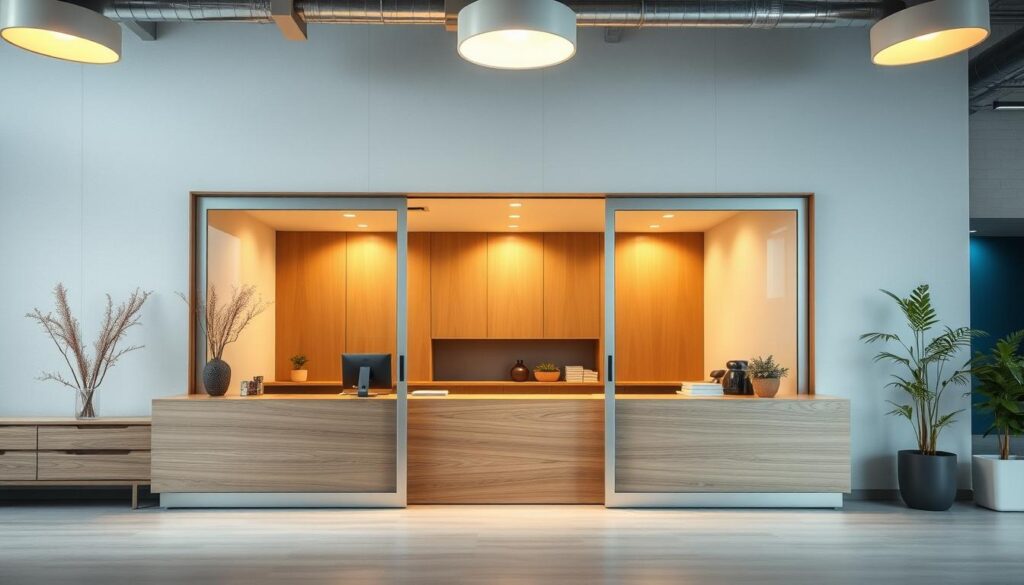 A well-lit, modern interior scene featuring a service counter with sliding glass doors. The counter is made of sleek, polished materials in neutral tones, creating a clean, professional atmosphere. The glass doors slide open effortlessly, inviting customers to enter and engage with the helpful staff. Warm lighting from overhead fixtures casts a soft glow, highlighting the attention to detail and quality craftsmanship. The background showcases a minimalist, contemporary design, with a blend of natural and industrial elements that convey a sense of sophistication and reliability. The overall composition emphasizes the seamless integration of form and function, perfectly capturing the essence of "Service & Kontakt: Beratung, schnelle Lieferung, fachgerechte Montage". A well-lit, modern interior scene featuring a service counter with sliding glass doors. The counter is made of sleek, polished materials in neutral tones, creating a clean, professional atmosphere. The glass doors slide open effortlessly, inviting customers to enter and engage with the helpful staff. Warm lighting from overhead fixtures casts a soft glow, highlighting the attention to detail and quality craftsmanship. The background showcases a minimalist, contemporary design, with a blend of natural and industrial elements that convey a sense of sophistication and reliability. The overall composition emphasizes the seamless integration of form and function, perfectly capturing the essence of "Service & Kontakt: Beratung, schnelle Lieferung, fachgerechte Montage".