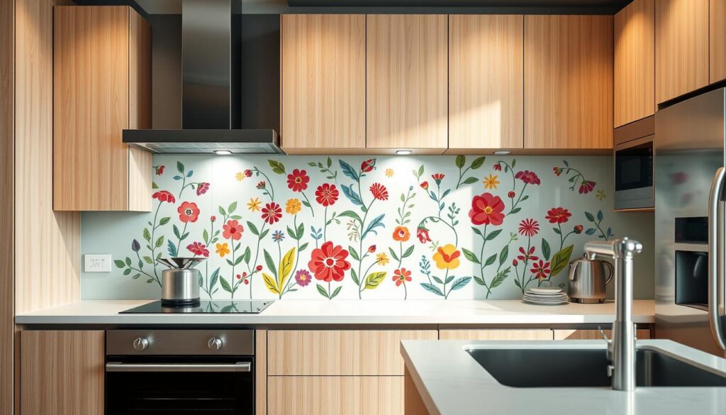 A well-lit, modern kitchen with a sleek glass backsplash featuring a vibrant, hand-painted motive design. The motive showcases a lively, nature-inspired pattern of stylized flowers and leaves, rendered in a bold, colorful palette that complements the light wood cabinetry and stainless steel appliances. Soft, diffused lighting from above creates a warm, inviting atmosphere, highlighting the textural details of the glass surface. The composition is balanced, with the motive taking center stage, framed by the clean, minimalist kitchen elements. The overall scene conveys a sense of sophisticated, personalized style.