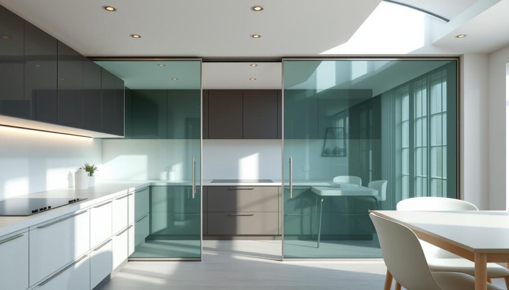 A well-lit modern kitchen with sleek glass sliding doors that seamlessly integrate with the surrounding cabinetry. The glass panels are expertly crafted, with clean lines and a high-quality finish that allows natural light to flood the space. The doors glide effortlessly on their tracks, maximizing the available floor space and creating a sense of openness and flow. The kitchen itself features a minimalist, contemporary design, with neutral tones and clean, uncluttered surfaces that complement the glass elements. Soft, diffused lighting illuminates the scene, highlighting the translucent nature of the glass and the overall sophisticated ambiance of the space.