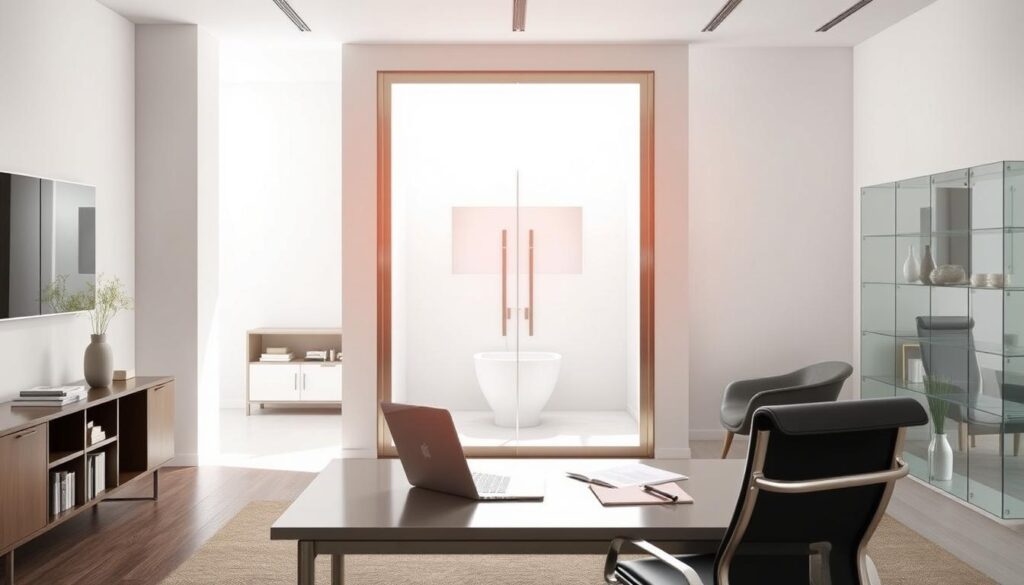 A well-lit, modern office interior with a large glass door in the center, showcasing an elegant niche design. The door's frame is made of sleek, brushed metal, complementing the minimalist aesthetic. Sunlight filters through the translucent glass, creating a warm, inviting atmosphere. In the foreground, a stylish desk and chair set up for a consultation, with a laptop and paperwork neatly arranged. The middle ground features bookshelves and display cabinets, hinting at the company's expertise in glass door solutions. The background depicts a serene, neutral-toned wall, allowing the focal point of the glass door to stand out. The overall scene conveys a sense of professionalism, attention to detail, and a commitment to providing tailored solutions for the client's bathroom needs. A well-lit, modern office interior with a large glass door in the center, showcasing an elegant niche design. The door's frame is made of sleek, brushed metal, complementing the minimalist aesthetic. Sunlight filters through the translucent glass, creating a warm, inviting atmosphere. In the foreground, a stylish desk and chair set up for a consultation, with a laptop and paperwork neatly arranged. The middle ground features bookshelves and display cabinets, hinting at the company's expertise in glass door solutions. The background depicts a serene, neutral-toned wall, allowing the focal point of the glass door to stand out. The overall scene conveys a sense of professionalism, attention to detail, and a commitment to providing tailored solutions for the client's bathroom needs.