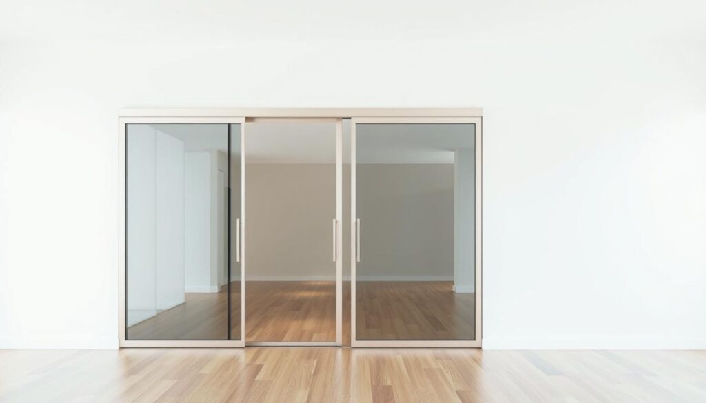 A well-lit, modern sliding door system in a clean, minimalist interior. The sliding doors are made of high-quality glass panels that glide effortlessly along a sleek, aluminum track mounted flush against the wall. The doors are framed in a sleek, metallic finish that complements the contemporary aesthetic. The background features a bright, airy room with crisp white walls and hardwood flooring, creating a sense of openness and elegance. The lighting is soft and diffused, casting a warm glow on the sliding doors and accentuating their smooth, reflective surfaces. The overall composition emphasizes the seamless integration of the sliding door system into the architectural design, showcasing its premium quality and functionality.