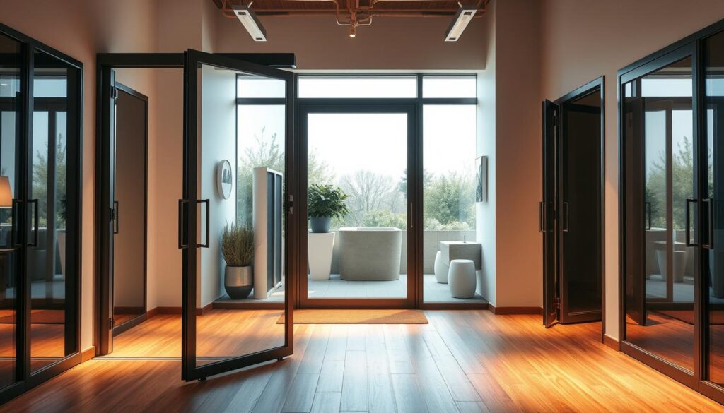A well-lit showroom interior, showcasing a variety of glass door variants. In the foreground, a pendulum door with sleek, frameless glass panels gracefully swings open, inviting exploration. Beside it, a folding door seamlessly integrates into the wall, its panels neatly tucked away. In the middle ground, a fixed glass panel stands tall, creating a focal point and allowing natural light to filter through. The lighting is warm and atmospheric, accentuating the high-quality, crystal-clear glass surfaces. The overall scene exudes a sense of modern elegance and functionality, reflecting the premium quality of the Glastürshop24 product line.