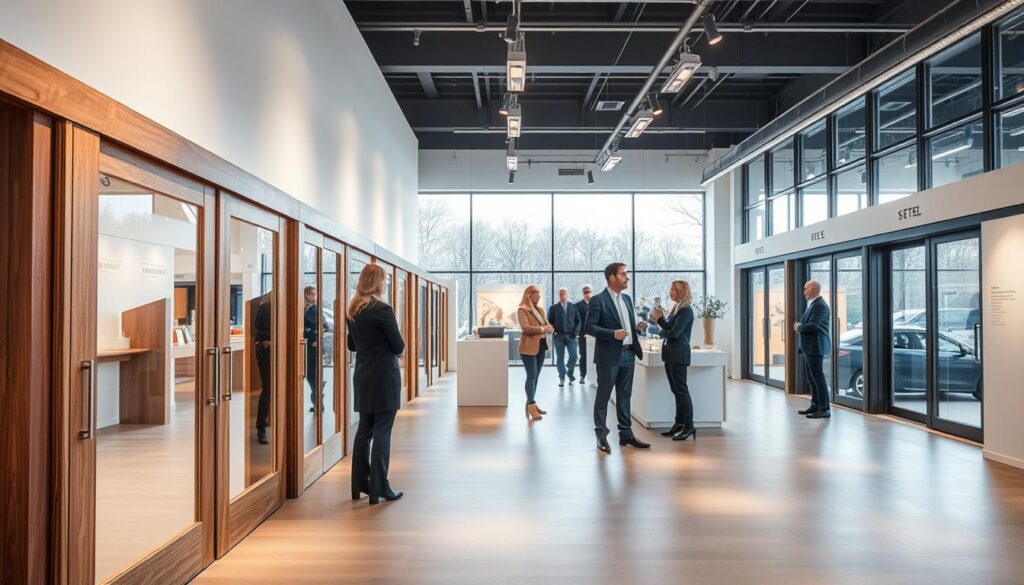 A well-lit, spacious showroom interior with high ceilings and large display windows. In the foreground, an array of sleek, modern schiebetüren (sliding doors) made of high-quality wood and glass, showcasing their craftsmanship and attention to detail. The middle ground features sales staff dressed in professional attire, engaging with customers and discussing the products. In the background, a clean, minimalist design aesthetic with neutral tones and discreet branding, conveying a sense of quality, service, and transparent pricing. Soft, warm lighting illuminates the scene, creating a welcoming and inviting atmosphere. A well-lit, spacious showroom interior with high ceilings and large display windows. In the foreground, an array of sleek, modern schiebetüren (sliding doors) made of high-quality wood and glass, showcasing their craftsmanship and attention to detail. The middle ground features sales staff dressed in professional attire, engaging with customers and discussing the products. In the background, a clean, minimalist design aesthetic with neutral tones and discreet branding, conveying a sense of quality, service, and transparent pricing. Soft, warm lighting illuminates the scene, creating a welcoming and inviting atmosphere.