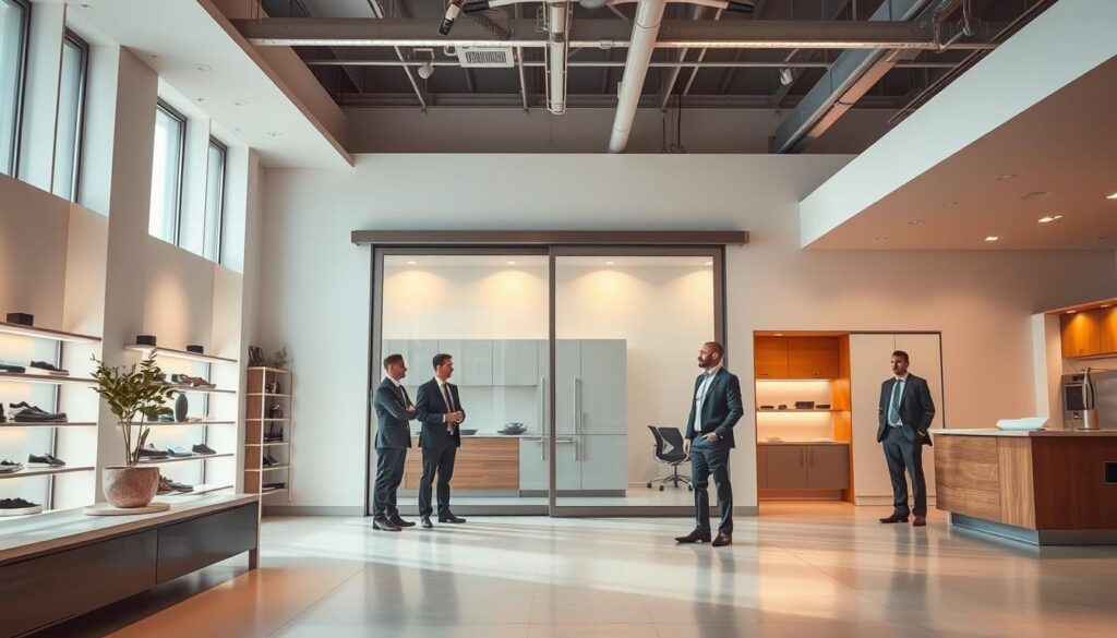 A well-lit, spacious showroom with a modern, minimalist aesthetic. The centerpiece is a sleek, glass sliding door suspended on a polished metal track, its clean lines and transparency creating a seamless transition between indoor and outdoor spaces. Sales representatives in professional attire stand nearby, ready to provide personalized guidance and answer questions. The atmosphere conveys a sense of expertise, efficiency, and a commitment to high-quality customer service. Warm, indirect lighting casts a soft glow, enhancing the premium materials and craftsmanship on display. Overall, the scene evokes a premium, contemporary shopping experience tailored to the needs of discerning homeowners.