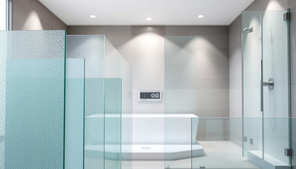 A well-lit, studio-quality photograph of a variety of glass shower doors, showcasing different textures, thicknesses, and styles. The foreground features a selection of high-quality, tempered glass panels in various finishes, such as clear, frosted, and tinted. The middle ground displays the different edge profiles and hardware options, highlighting the attention to detail and craftsmanship. In the background, a minimalist, modern bathroom setting provides context, emphasizing the elegant integration of the glass elements. The lighting is soft and diffused, accentuating the clarity, reflectivity, and visual appeal of the glass. The overall mood is one of sophistication, functionality, and a focus on the design and safety aspects of the glass shower doors. A well-lit, studio-quality photograph of a variety of glass shower doors, showcasing different textures, thicknesses, and styles. The foreground features a selection of high-quality, tempered glass panels in various finishes, such as clear, frosted, and tinted. The middle ground displays the different edge profiles and hardware options, highlighting the attention to detail and craftsmanship. In the background, a minimalist, modern bathroom setting provides context, emphasizing the elegant integration of the glass elements. The lighting is soft and diffused, accentuating the clarity, reflectivity, and visual appeal of the glass. The overall mood is one of sophistication, functionality, and a focus on the design and safety aspects of the glass shower doors.