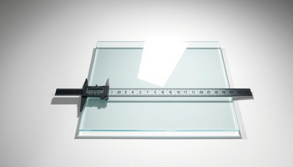 A well-lit studio scene showcasing a meticulously measured and precisely cut glass panel, its dimensions displayed with crisp caliper measurements. The panel rests on a clean, white surface, casting subtle shadows that highlight its geometric form. The lighting is soft and diffused, accentuating the clarity and purity of the glass material. The composition emphasizes the panel's sleek, minimalist design, conveying a sense of order, precision, and attention to detail. The overall atmosphere is one of modern, high-quality craftsmanship, perfectly suited to illustrate the "Maße, Zuschnitt und Ausschnitte: Millimetergenau nach Wunsch" section of the article. A well-lit studio scene showcasing a meticulously measured and precisely cut glass panel, its dimensions displayed with crisp caliper measurements. The panel rests on a clean, white surface, casting subtle shadows that highlight its geometric form. The lighting is soft and diffused, accentuating the clarity and purity of the glass material. The composition emphasizes the panel's sleek, minimalist design, conveying a sense of order, precision, and attention to detail. The overall atmosphere is one of modern, high-quality craftsmanship, perfectly suited to illustrate the "Maße, Zuschnitt und Ausschnitte: Millimetergenau nach Wunsch" section of the article.