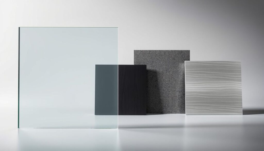 A well-lit studio setting showcasing a variety of materials used in kitchen backsplashes. In the foreground, a clean, minimalist glass panel reflects the studio lighting. Behind it, samples of different materials are artfully arranged - a sleek black plastic panel, a textured high-pressure laminate (HPL) slab, and a modern aluminum composite panel. The materials are presented against a neutral gray background, allowing their unique colors, textures, and finishes to be the focal point. The image captures the details and nuances of these diverse kitchen backsplash solutions, inviting the viewer to closely examine and compare the material properties.