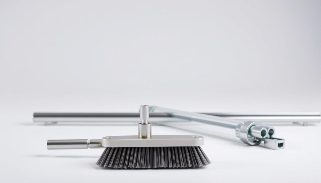 A well-lit studio shot of various glass accessories for a sliding glass door system, including a soft brush, a metal connector, and a gliding track. The brush and connector are positioned in the foreground, with the track running across the middle ground. The background features a plain, clean backdrop to emphasize the products. The lighting is diffused and even, creating a professional, high-quality appearance. The accessories are arranged in an organized, visually appealing manner to showcase their functionality and design.
