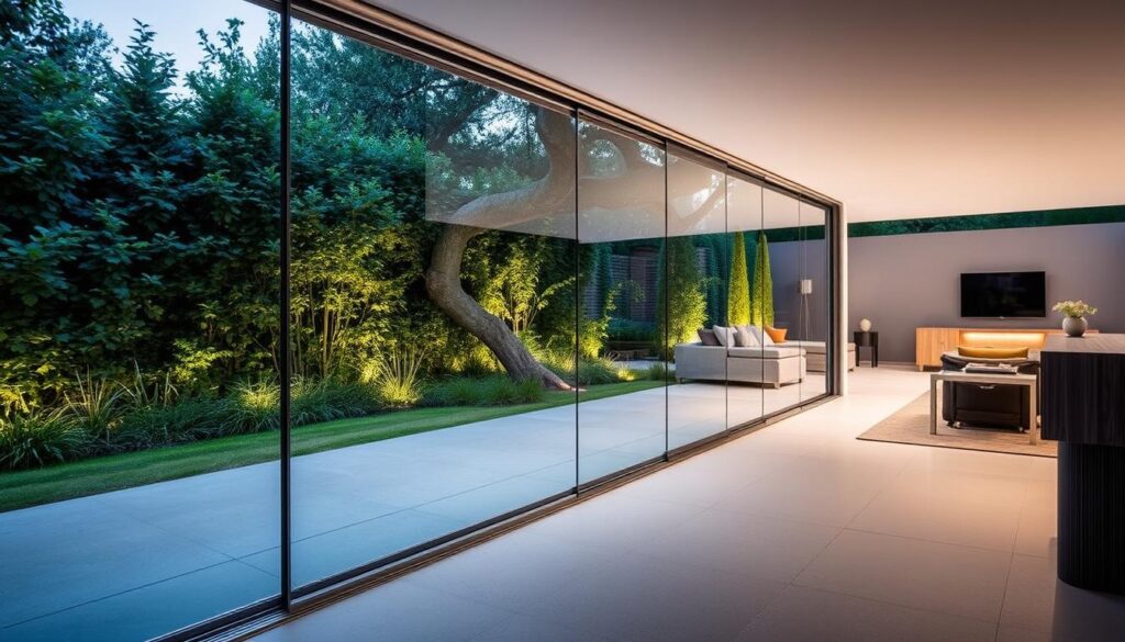 A well-lit, wide-angle view of a glass sliding door system, showcasing its seamless integration into a modern outdoor living space. The sliding glass panels glide effortlessly along sleek, chrome-finished tracks, creating an elegant and functional transition between the interior and the exterior. The frame is made of high-quality aluminum, accentuating the minimalist design. Lush greenery and soft lighting in the background create a calming, naturalistic ambiance, highlighting the versatility and aesthetic appeal of the "montage glasschiebewand" system.
