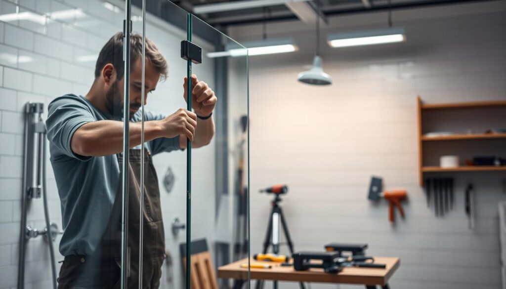 A well-lit workshop interior, showcasing the intricate process of installing a glass shower door. In the foreground, a skilled technician carefully measures and cuts the glass panel, their hands steady and precise. In the middle ground, various specialized tools and equipment are neatly arranged, conveying the attention to detail required for this delicate task. The background features a clean, modern tiled wall, reflecting the sleek aesthetic of the finished product. Soft, directional lighting illuminates the scene, creating a sense of professionalism and expertise. The overall mood is one of focused diligence, highlighting the importance of proper installation for a seamless and functional glass shower enclosure. A well-lit workshop interior, showcasing the intricate process of installing a glass shower door. In the foreground, a skilled technician carefully measures and cuts the glass panel, their hands steady and precise. In the middle ground, various specialized tools and equipment are neatly arranged, conveying the attention to detail required for this delicate task. The background features a clean, modern tiled wall, reflecting the sleek aesthetic of the finished product. Soft, directional lighting illuminates the scene, creating a sense of professionalism and expertise. The overall mood is one of focused diligence, highlighting the importance of proper installation for a seamless and functional glass shower enclosure.