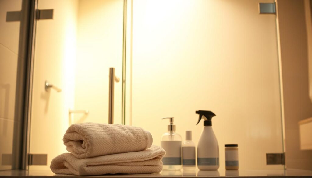 A well-maintained glass shower door, its surface glistening under the warm, soft lighting of a modern bathroom. The door is adorned with subtle, elegant metal fittings, reflecting the high-quality craftsmanship. In the foreground, a soft, plush towel and a selection of premium cleaning products stand ready, hinting at the care and attention required to preserve the door's pristine appearance. The middle ground features the door's seamless, frameless design, emphasizing its sleek and contemporary aesthetic. The background showcases the serene, minimalist ambiance of the bathroom, with neutral tones and natural materials complementing the glass door's transparency and reflective properties. A well-maintained glass shower door, its surface glistening under the warm, soft lighting of a modern bathroom. The door is adorned with subtle, elegant metal fittings, reflecting the high-quality craftsmanship. In the foreground, a soft, plush towel and a selection of premium cleaning products stand ready, hinting at the care and attention required to preserve the door's pristine appearance. The middle ground features the door's seamless, frameless design, emphasizing its sleek and contemporary aesthetic. The background showcases the serene, minimalist ambiance of the bathroom, with neutral tones and natural materials complementing the glass door's transparency and reflective properties.