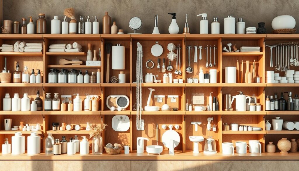 A well-organized display of bathroom accessories, cleaning supplies, and replacement parts neatly arranged on wooden shelves. Warm, natural lighting illuminates the scene, casting soft shadows and highlighting the textures of the various items. The foreground features an assortment of bottles, brushes, and tools in a harmonious color palette, while the middle ground showcases a selection of faucets, shower heads, and other replacement parts. The background subtly blends into a neutral, seamless backdrop, allowing the products to take center stage. The overall composition conveys a sense of organization, practicality, and attention to detail, reflecting the comprehensive nature of the "Zubehör, Pflege & Ersatzteile" section.