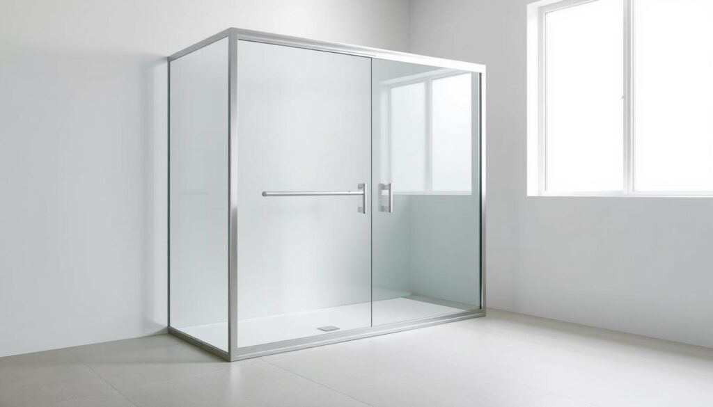 A wide glass shower enclosure standing in a modern bathroom, illuminated by soft, diffused natural light streaming through a large window. The glass panels have a subtle, frosted finish, reflecting the clean, minimalist aesthetic of the space. The shower's frame is made of sleek, brushed metal, complementing the light, airy ambiance. The enclosure takes up a significant portion of the room, creating an impression of spaciousness and openness. The floor is covered in smooth, neutral-toned tiles, adding to the overall sense of tranquility and relaxation. The scene conveys a contemporary, high-end design sensibility, showcasing the versatility and elegant simplicity of a wide, glass shower solution.