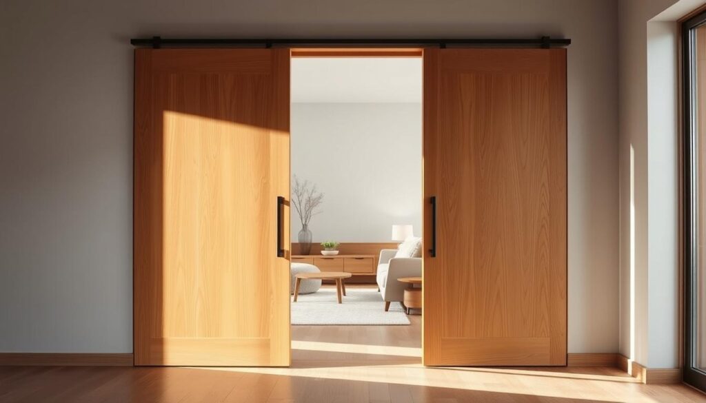 A wooden sliding door in a modern, well-lit interior. The door is made of rich, warm-toned wood with a sleek, minimalist design. It seamlessly glides open, revealing a cozy, inviting living space beyond. Soft, diffused lighting creates a serene, relaxing atmosphere. The door's clean lines and natural material complement the room's minimalist aesthetic, effortlessly blending form and function. The camera captures the door from a slightly low angle, emphasizing its elegant, streamlined silhouette. This sliding door solution offers a practical and visually appealing way to optimize space in any room.