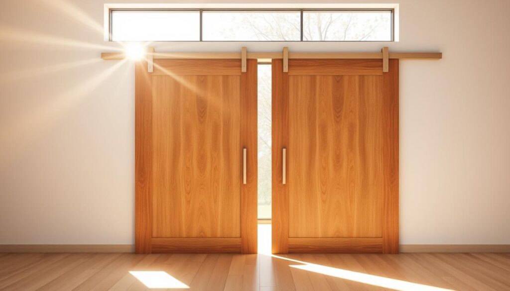 A wooden sliding door, its natural grain and texture visible, standing in a modern, minimalist interior. Sunlight streams through large windows, casting a warm glow on the door's surface. The door glides effortlessly along a sleek metal track, its hardware polished to a subtle sheen. The scene exudes a sense of simplicity and functionality, perfectly suited for a custom-made, made-to-measure design. The door's dimensions and proportions are tailored to the space, blending seamlessly with the surrounding decor. An inviting and well-crafted focal point that elevates the overall aesthetic. A wooden sliding door, its natural grain and texture visible, standing in a modern, minimalist interior. Sunlight streams through large windows, casting a warm glow on the door's surface. The door glides effortlessly along a sleek metal track, its hardware polished to a subtle sheen. The scene exudes a sense of simplicity and functionality, perfectly suited for a custom-made, made-to-measure design. The door's dimensions and proportions are tailored to the space, blending seamlessly with the surrounding decor. An inviting and well-crafted focal point that elevates the overall aesthetic.