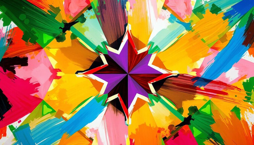 An abstract, vibrant composition showcasing a diverse array of colors. A striking, kaleidoscopic pattern of intersecting geometric shapes and fluid brushstrokes, capturing the essence of "farben" (colors in German). The composition features a dynamic interplay of hues, from bold primary tones to muted pastels, seamlessly blending and contrasting to create a visually captivating display. Lighting is natural, with soft, diffused illumination that enhances the depth and vibrancy of the colors. The overall mood is one of artistic expression, creativity, and a celebration of the power of color. The image conveys a sense of individualism, craftsmanship, and the ability to customize one's environment through the creative use of color.