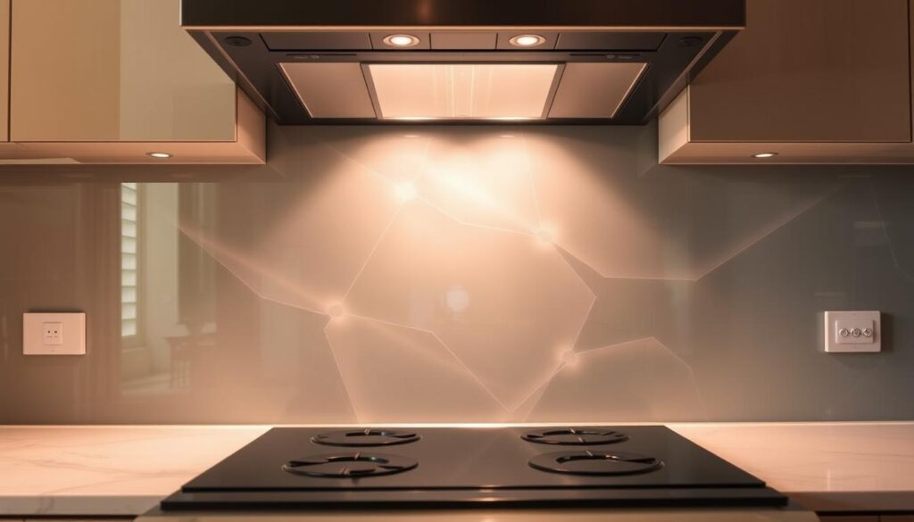 An elegant glass backsplash with a captivating abstract pattern, bathed in warm, diffused lighting. The glass surface reflects the kitchen's ambiance, creating a seamless, high-end aesthetic. Subtle gradients and geometric shapes dance across the translucent material, adding visual interest and depth. The backsplash's custom-fit dimensions complement the kitchen's layout, while the matte finish offers a sophisticated, low-profile look. Captured from a low angle, the image showcases the backsplash's striking visual presence and how it elevates the overall kitchen design.