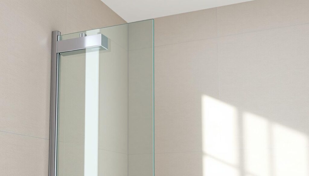 Detailed architectural rendering of a modular shower wall installation, featuring a frameless glass panel with a minimalist metal hinge system. The wall is mounted flush against a neutral-toned tiled bathroom surface, creating a seamless, modern aesthetic. Soft, natural lighting filters in from an unseen source, illuminating the tempered glass and reflective metal fittings. The composition emphasizes the easy, tool-free assembly of the shower wall, showcasing its flexibility for various bathroom layouts and wall types. The overall mood is one of clean, functional elegance, highlighting the product's versatility and suitability for a range of residential bathroom designs.