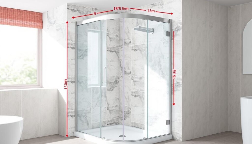 Detailed glass shower enclosure with precise measurements, showcasing a shower area against a tiled bathroom backdrop. The shower features a sleek, frameless design with tempered glass panels that seamlessly blend into the surroundings. Bright, natural lighting illuminates the scene, creating a modern and airy atmosphere. The camera angle captures the full height of the shower, allowing viewers to clearly see the dimensions from floor to ceiling. The prompt aims to visually communicate the range of sizes available for these high-quality shower solutions, as described in the article section. Detailed glass shower enclosure with precise measurements, showcasing a shower area against a tiled bathroom backdrop. The shower features a sleek, frameless design with tempered glass panels that seamlessly blend into the surroundings. Bright, natural lighting illuminates the scene, creating a modern and airy atmosphere. The camera angle captures the full height of the shower, allowing viewers to clearly see the dimensions from floor to ceiling. The prompt aims to visually communicate the range of sizes available for these high-quality shower solutions, as described in the article section.