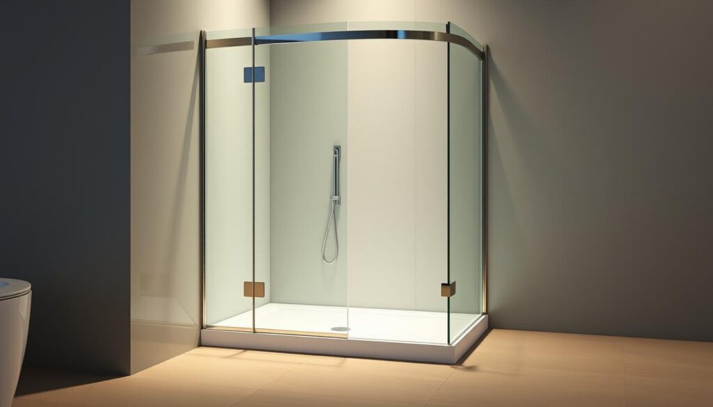 Detailed wide-angle shot of a modern, glass-enclosed shower enclosure, designed for a 90x90 cm bathroom space. The "eckdusche" (corner shower) features a sleek, frameless glass construction with polished chrome accents, creating a seamless, high-end aesthetic. The shower is illuminated by soft, ambient lighting, casting a warm, inviting glow. The floor is tiled in a soothing, neutral tone, complementing the minimalist, contemporary style. The overall scene conveys a sense of spa-like tranquility and sophisticated bathroom design, suitable for the featured product range.