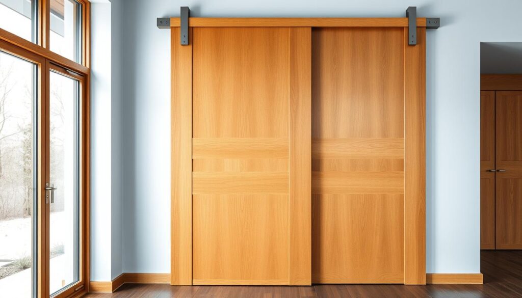 Detailed wooden sliding door in a well-lit, modern interior setting. A large, floor-to-ceiling sliding panel made of high-quality, warm-toned wood with a smooth, seamless surface texture. Precise, minimalist hardware and fittings in matte metal finish. Abundant natural light floods the scene through large windows, casting soft, diffused illumination on the door's intricate grain patterns. The sliding mechanism operates effortlessly, blending harmoniously with the surrounding architectural elements. An elegant, bespoke solution tailored to the unique dimensions of the wall opening.