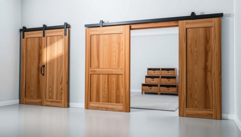 Detailed wooden sliding door set, showcasing its construction, materials, and dimensions. A close-up view of the wood grain and hardware, illuminated by soft, natural lighting to highlight the craftsmanship. The middle ground features a side profile, revealing the sliding mechanism and track system. In the background, a clean, minimalist setting provides context, allowing the product to be the focal point. The overall atmosphere conveys a sense of quality, precision, and functional elegance - reflecting the "Preise, Gewicht und Lieferumfang" section of the article. Detailed wooden sliding door set, showcasing its construction, materials, and dimensions. A close-up view of the wood grain and hardware, illuminated by soft, natural lighting to highlight the craftsmanship. The middle ground features a side profile, revealing the sliding mechanism and track system. In the background, a clean, minimalist setting provides context, allowing the product to be the focal point. The overall atmosphere conveys a sense of quality, precision, and functional elegance - reflecting the "Preise, Gewicht und Lieferumfang" section of the article.