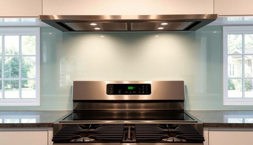 Elegant glass kitchen backsplash in a bright, modern kitchen. Sleek, seamless glass panel covers the wall behind the stove, reflecting the warm, natural light from large windows. Minimalist design with clean lines and a high-quality, durable finish. Subtle patterns or textures in the glass add visual interest without overwhelming the space. The glass backsplash effortlessly blends with the kitchen's overall aesthetic, creating a cohesive, high-end look. Carefully composed to showcase the beauty and functionality of a custom glass kitchen backsplash.