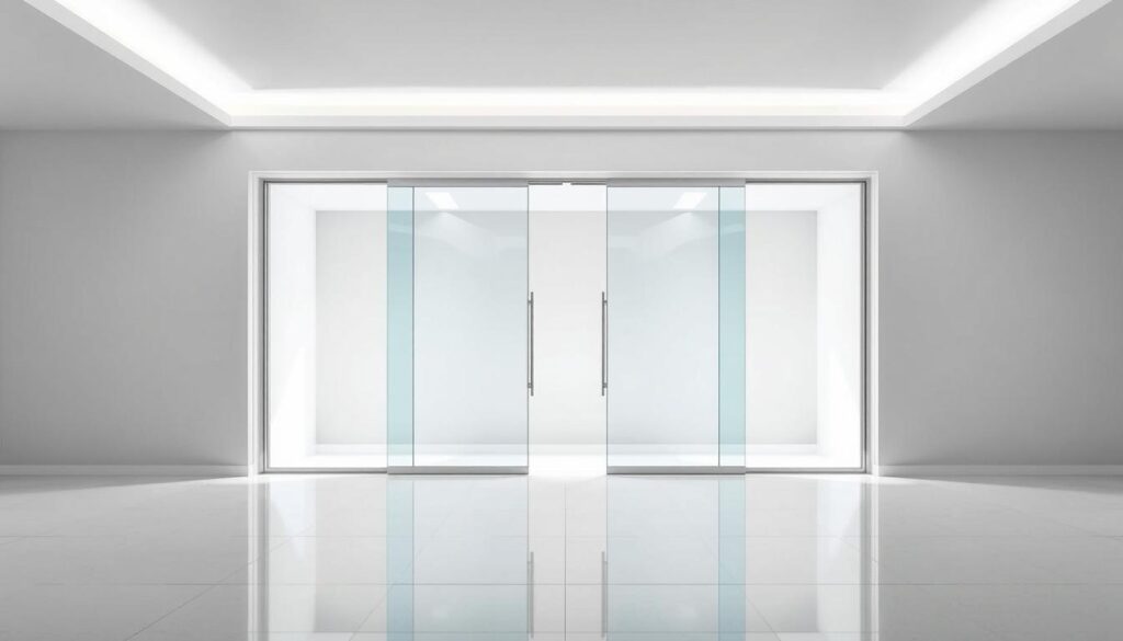 Elegant glass sliding door showcased in a modern, minimalist setting. Crisp, bright lighting highlights the sleek, frameless design with its seamless, transparent panels. The door is positioned within a neutral-toned interior, allowing the glass to take center stage. Subtle reflections on the floor create a sense of depth and sophistication. The overall scene conveys the quality, functionality, and visual appeal of this high-end glass sliding door solution. Elegant glass sliding door showcased in a modern, minimalist setting. Crisp, bright lighting highlights the sleek, frameless design with its seamless, transparent panels. The door is positioned within a neutral-toned interior, allowing the glass to take center stage. Subtle reflections on the floor create a sense of depth and sophistication. The overall scene conveys the quality, functionality, and visual appeal of this high-end glass sliding door solution.