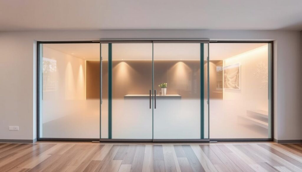 Elegant glass sliding door with modern, minimalist design. Sleek, frameless panels glide smoothly on a contemporary metal track. Warm, ambient lighting accentuates the translucent panes, creating a sense of depth and airiness. The door's clean lines and seamless integration with the surrounding architecture showcase the versatility of custom-made glass sliding doors. Soft, diffused shadows add depth and dimension, while the high-quality materials and precise craftsmanship convey a premium, luxury aesthetic. A focal point of the room, the glass sliding door beautifully bridges the indoor and outdoor spaces, embodying the essence of "Design- und Ausführungsvielfalt für Ihre Schiebetür aus Glas".