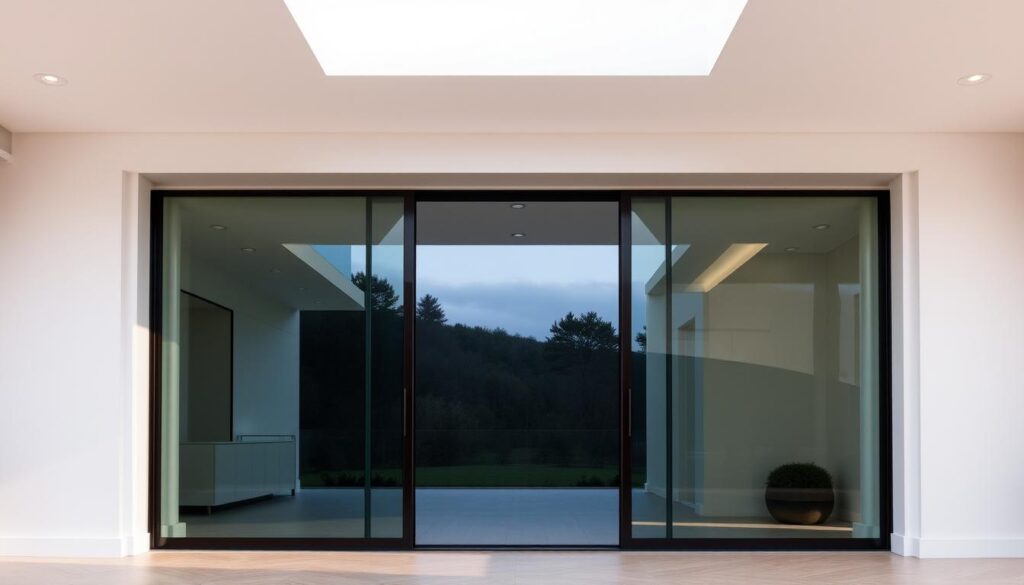 Elegant glass sliding doors with a modern, minimalist design. A sleek, seamless frame in polished chrome or matte black accentuates the transparency of the tempered glass panels. Soft, diffused lighting from above casts a warm, inviting glow, highlighting the high-quality materials and precise craftsmanship. The doors glide effortlessly on a concealed track system, blending form and function in perfect harmony. The open, airy composition creates a sense of visual harmony, seamlessly integrating indoor and outdoor spaces. This image captures the essence of contemporary glass sliding door solutions - a beautiful balance of style, functionality, and architectural elegance.