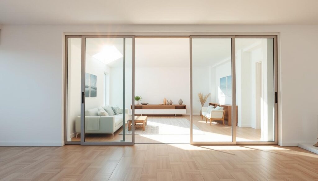 Elegant sliding glass doors elegantly dividing a bright and airy living space. Sunlight streams through the sleek, frameless panels, casting a warm glow on the modern, minimalist decor. Crisp white walls and natural wood accents create a serene, inviting atmosphere. The sliding mechanism operates smoothly, seamlessly transitioning between open and closed configurations. A high-quality, fully integrated sliding door system, meticulously designed to enhance the aesthetic and functionality of the room. Captured with a wide-angle lens to showcase the spacious, harmonious flow of the living area. Elegant sliding glass doors elegantly dividing a bright and airy living space. Sunlight streams through the sleek, frameless panels, casting a warm glow on the modern, minimalist decor. Crisp white walls and natural wood accents create a serene, inviting atmosphere. The sliding mechanism operates smoothly, seamlessly transitioning between open and closed configurations. A high-quality, fully integrated sliding door system, meticulously designed to enhance the aesthetic and functionality of the room. Captured with a wide-angle lens to showcase the spacious, harmonious flow of the living area.