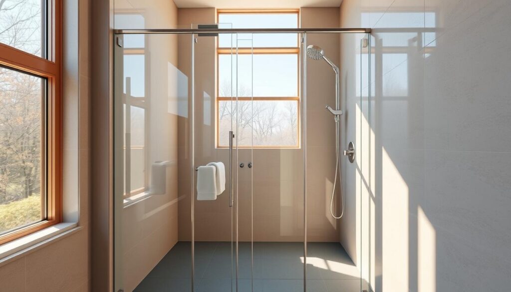 Elegant walk-in glass shower enclosure, with frameless glass panels and sleek chrome fixtures. The shower area is bathed in warm, natural light from large windows, creating a spa-like ambiance. Smooth, textured glass panels reflect the surroundings, blending seamlessly with the modern bathroom design. The shower floor is finished with matte, non-slip tiles, ensuring safety and comfort. The overall composition conveys a sense of luxurious minimalism, highlighting the clean lines and quality craftsmanship of the Glastürhop24 walk-in shower solution.